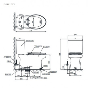 Bàn cầu 2 khối nắp, đóng êm CST351DT2