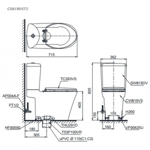 Bàn cầu hai khối TOTO, nắp đóng êm CS819DST2