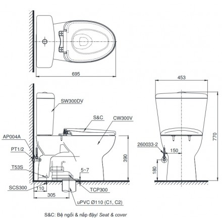 Bồn cầu 2 khối TOTO, nắp đóng êm CS300DRT8