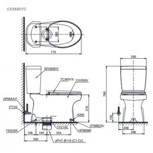 Bàn cầu 2 khối TOTO CS350DT2, nắp đóng êm