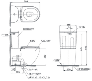 Bàn Cầu 2 khối TOTO CS761DW5, Nắp Điện Tử