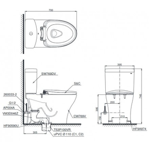 Bàn cầu 2 khối TOTO CS769DE4, nắp rửa cơ