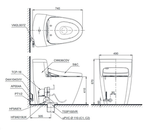 Bàn cầu 2 khối TOTO CS769DW6, nắp điện tử 