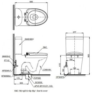 Bàn Cầu 2 khối TOTO CS818DT8, nắp đóng êm 