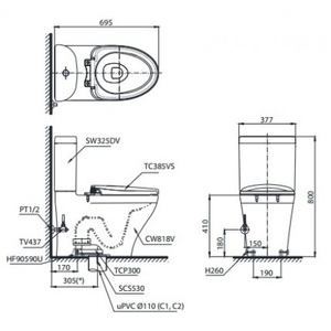 Bàn cầu 2 khối TOTO CS818DW11, nắp điện tử 