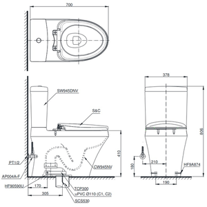 Bàn cầu 2 khối TOTO CS945DNW11, nắp điện tử 