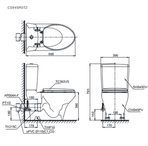 Bàn cầu hai khối TOTO CS945PDT2, nắp đóng êm