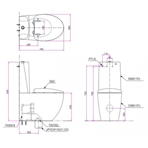 Bàn Cầu 2 khối TOTO CW811PJWS/SW811JPW/F, nắp đóng êm