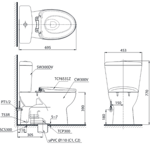 Bàn cầu hai khối TOTO CS300DRW7, nắp điện tử 