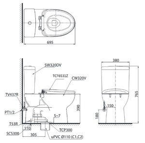 Bàn Cầu Hai Khối TOTO CS320DRW7, Nắp Điện Tử