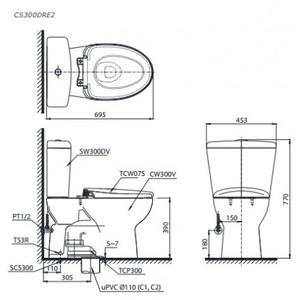 Bàn cầu 2 khối TOTO CS300DRE2, nắp rửa cơ