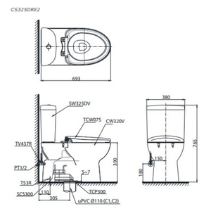  Bàn cầu 2 khối TOTO CS325DRE2, nắp rửa cơ