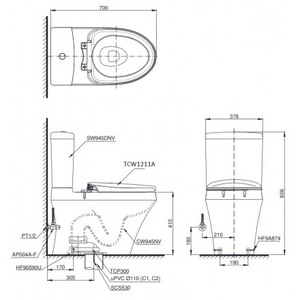 Bàn cầu 2 khối TOTO CS945DNE4, nắp rửa cơ