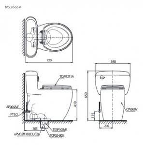 Bàn cầu 1 khối TOTO MS366E4, nắp rửa cơ