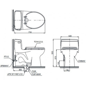 Bàn cầu một khối TOTO MS864E4, nắp rửa cơ