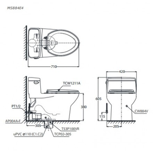 Bàn cầu một khối TOTO  MS884E4, nắp rửa cơ