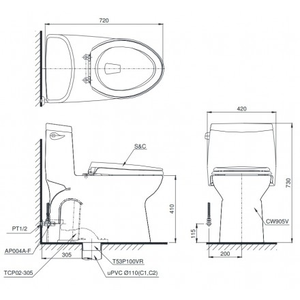 Bàn cầu một khối TOTO MS905E2, nắp  rửa cơ