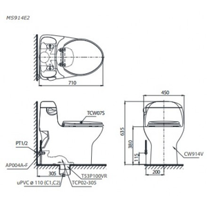 Bàn cầu một khối TOTO MS914E2, nắp rửa cơ