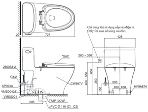 Bàn cầu một khối TOTO MS887W6, nắp rửa điện tử