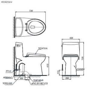 Bàn cầu một khối TOTO MS905W4, nắp rửa điện tử