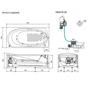 Bồn tắm Masage TOTO PPYK1710ZRHPE#P/DB501R-2B 