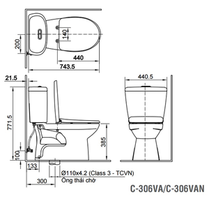 Bồn cầu 2 khối INAX C-306VA nắp rửa cơ