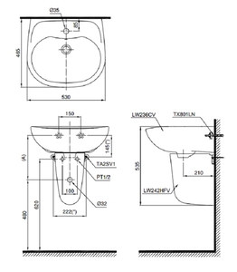 Chậu Lavabo TOTO LHT236CS chân ngắn treo tường