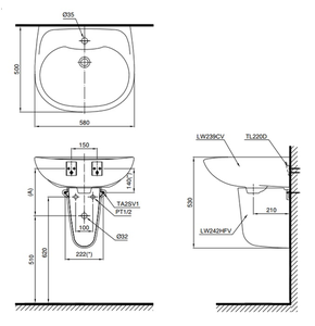 chậu lavabo TOTO LHT239C chân ngắn treo tường