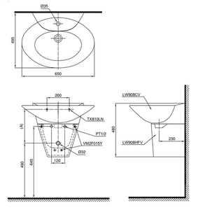 Chậu lavabo TOTO LHT908C chân ngắn treo tường