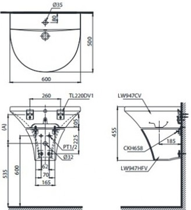 Chậu lavabo TOTO LHT947CS chân ngắn treo tường