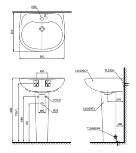 Chậu lavabo TOTO LPT239C chân dài treo tường