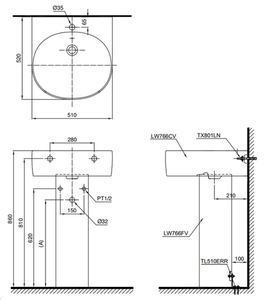 Chậu lavabo TOTO LPT766C chân dài treo tường