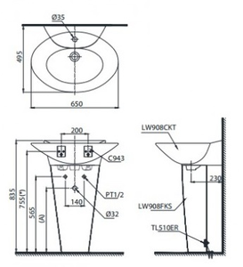 Chậu lavavbo TOTO LPT908C chân dài treo tường 