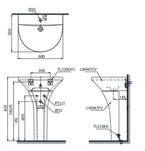 Chậu lavabo TOTO LPT947CR chân dài treo tường 