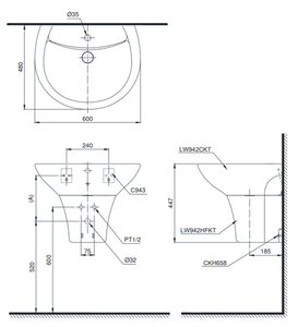 Chậu lavabo TOTO LT942CK/PT942HFK chân ngắn treo tường