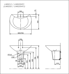 Chậu lavabo TOTO LW820CJ/LW820HFJ treo tường