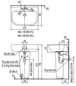 Chậu rửa lavabo INAX L-298V & L-298VD chân dài treo tường