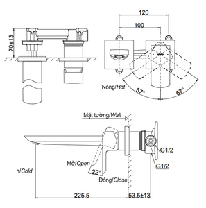 Vòi chậu lavabo TOTO TLG02311B nóng lạnh gắn tường