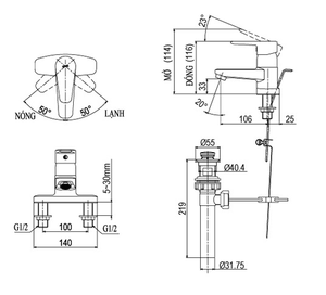 Vòi chậu lavabo INAX LFV-1201S-1 nóng lạnh 3 lỗ