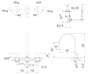 Vòi chậu lavabo INAX LFV-7100B van nóng lạnh 3 lỗ