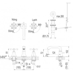 Vòi chậu lavabo INAX LFV-8100B van nóng lạnh 3 lỗ