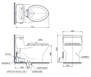 Bàn cầu một khối TOTO MS884W7, nắp rửa điện tử