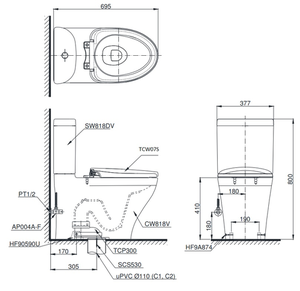 Bồn cầu hai khối TOTO CS818DE2 nắp rửa cơ