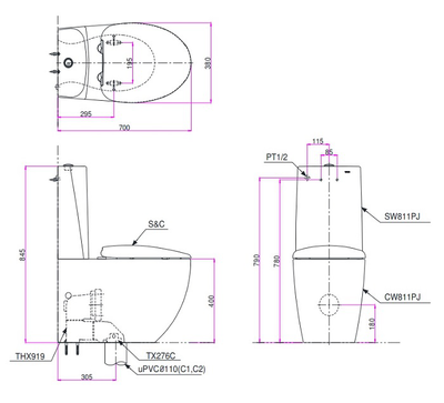 Bàn Cầu Hai Khối, Nắp Đóng Êm CW811PJWS/SW811JPW/F/TX215C