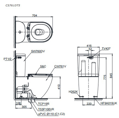 Bàn Cầu hai khối TOTOCS761DT5, Nắp Đóng Êm