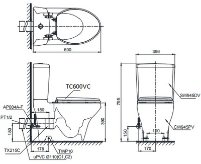  Bàn Cầu TOTO C945PDT8, nắp đóng êm