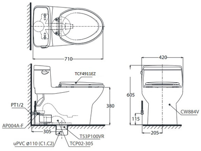 Bàn cầu một khối  MS884CW12, nắp rửa điện tử