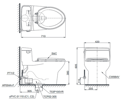 Bàn cầu một khối TOTO S884W6,nắp rửa điện tử