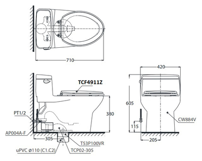 Bàn cầu 1 khối TOTO MS884W11, nắp rửa điện tử