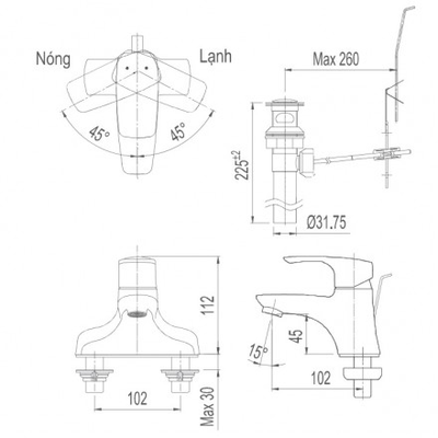  Vòi chậu lavabo INAX LFV-211S nóng lạnh 3 lỗ